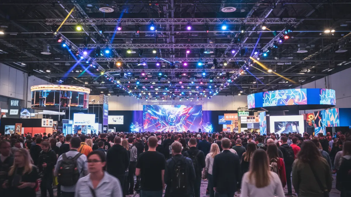 Imagen genérica de un festival de cultura pop con asistentes y luces de colores.