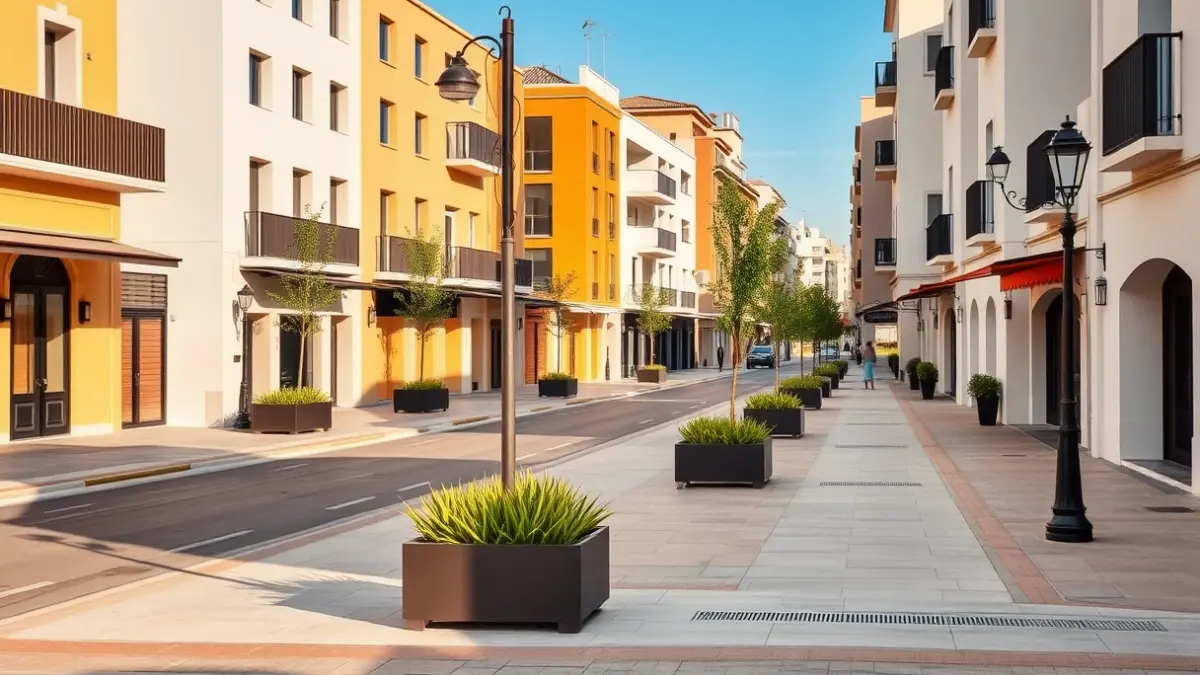 Imagen de una calle renovada en una ciudad mediterránea, con nuevas aceras y mobiliario urbano.