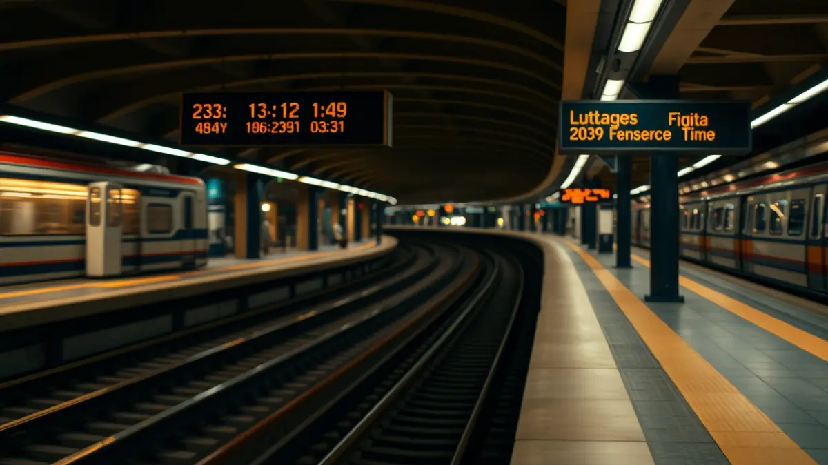 Generic image of an empty metro station with tracks and an information panel.