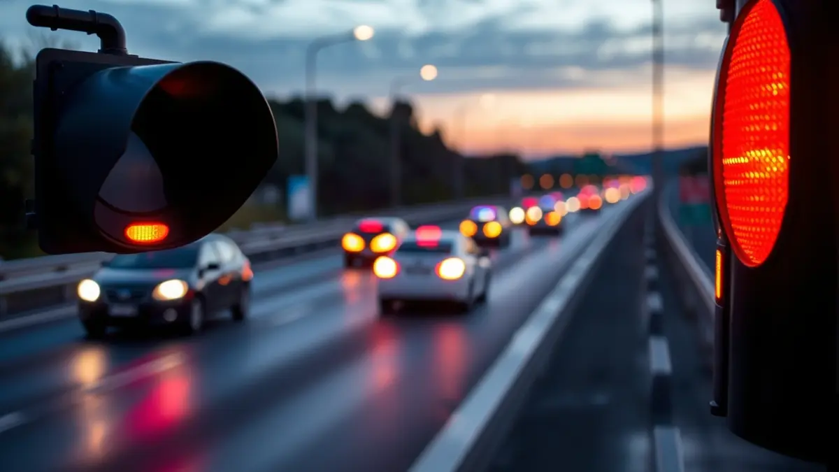 Imagen genérica de un semáforo en rojo en una carretera con tráfico borroso al atardecer.