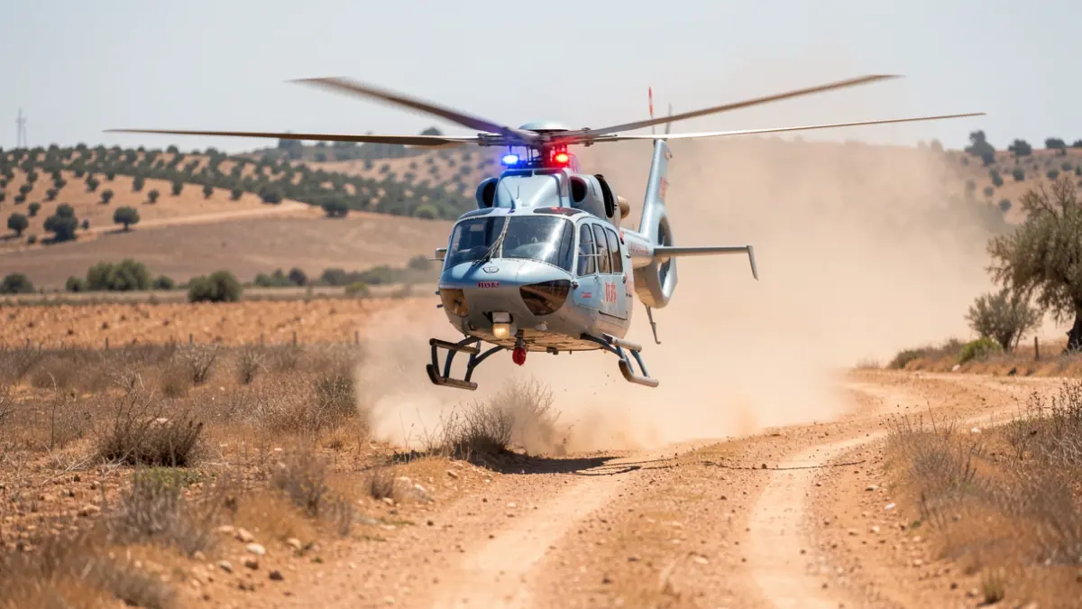Helicóptero sanitario evacuando a un paciente en una zona rural de Andalucía.