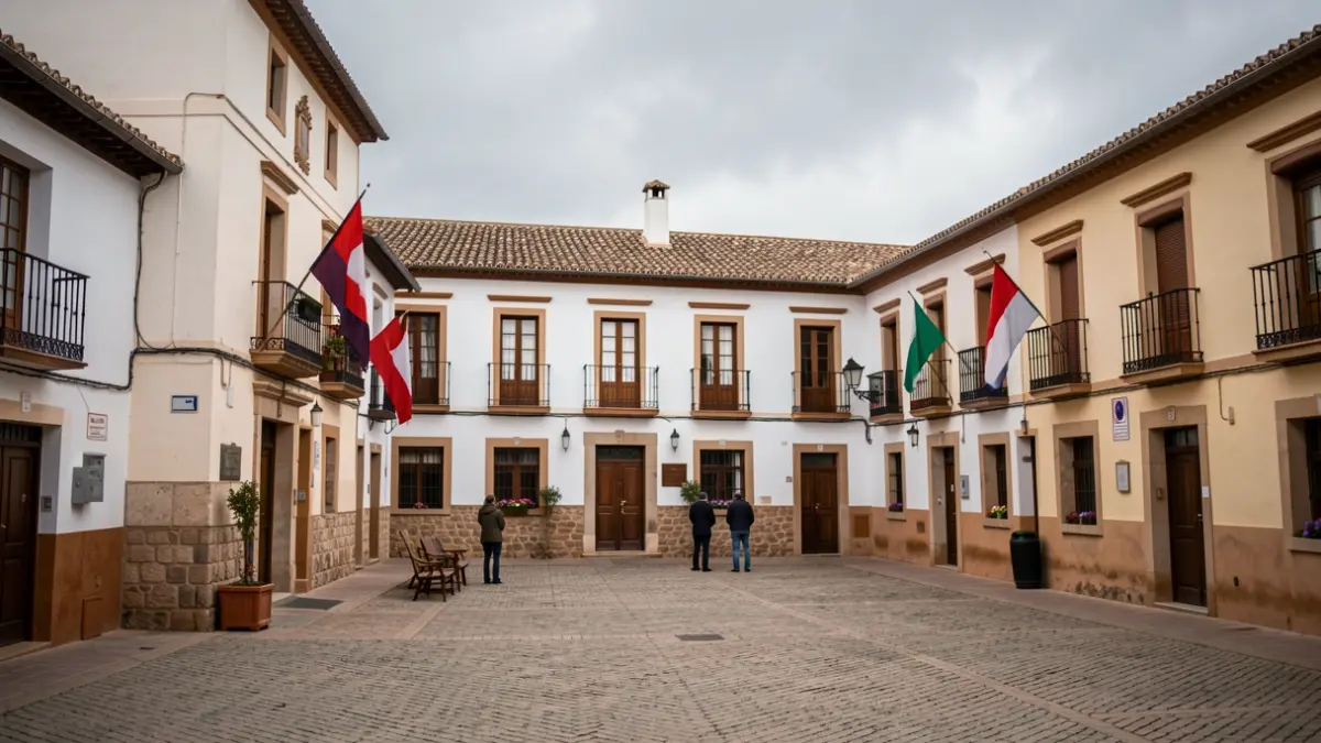 Banderas a media asta en el exterior de un edificio municipal en Trebujena.