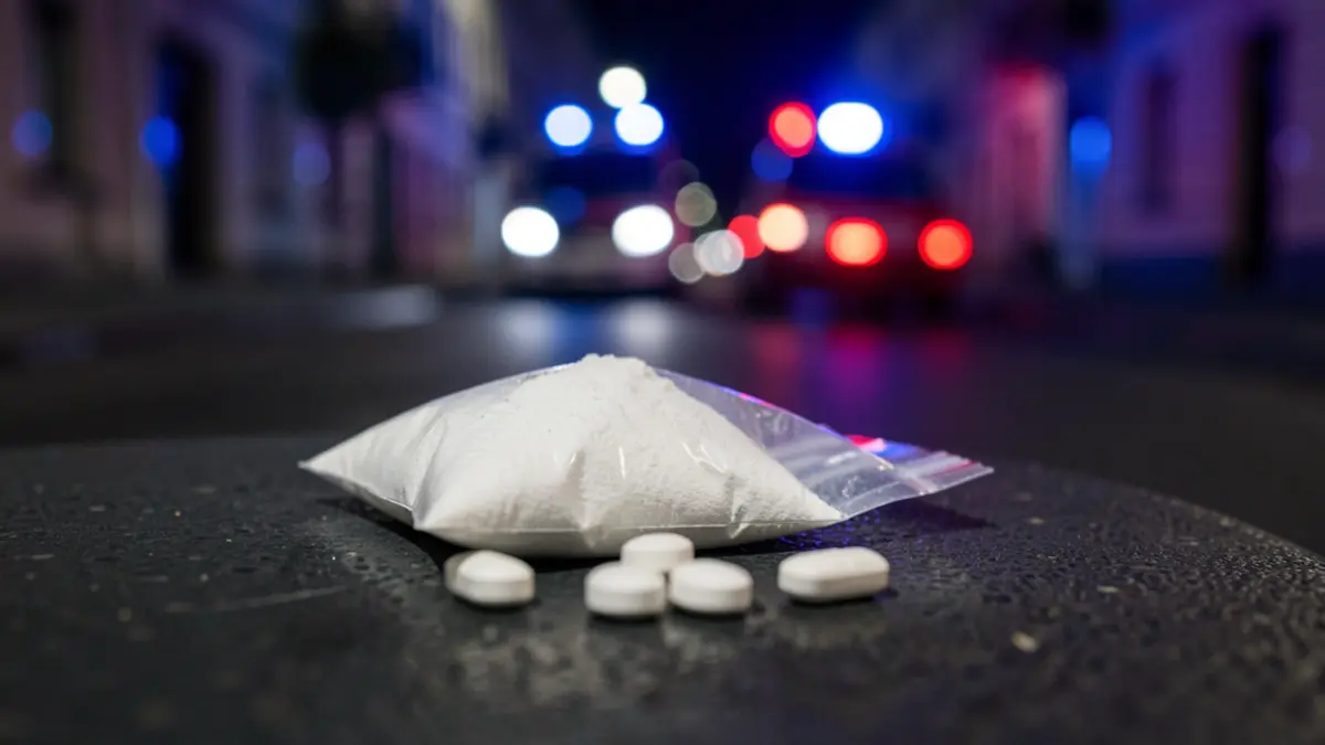 Generic image of seized drugs and blurred emergency lights.