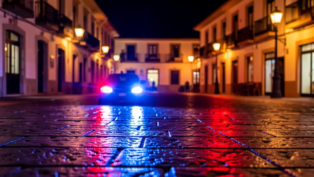 Generic image of police emergency lights reflecting on wet asphalt at night.