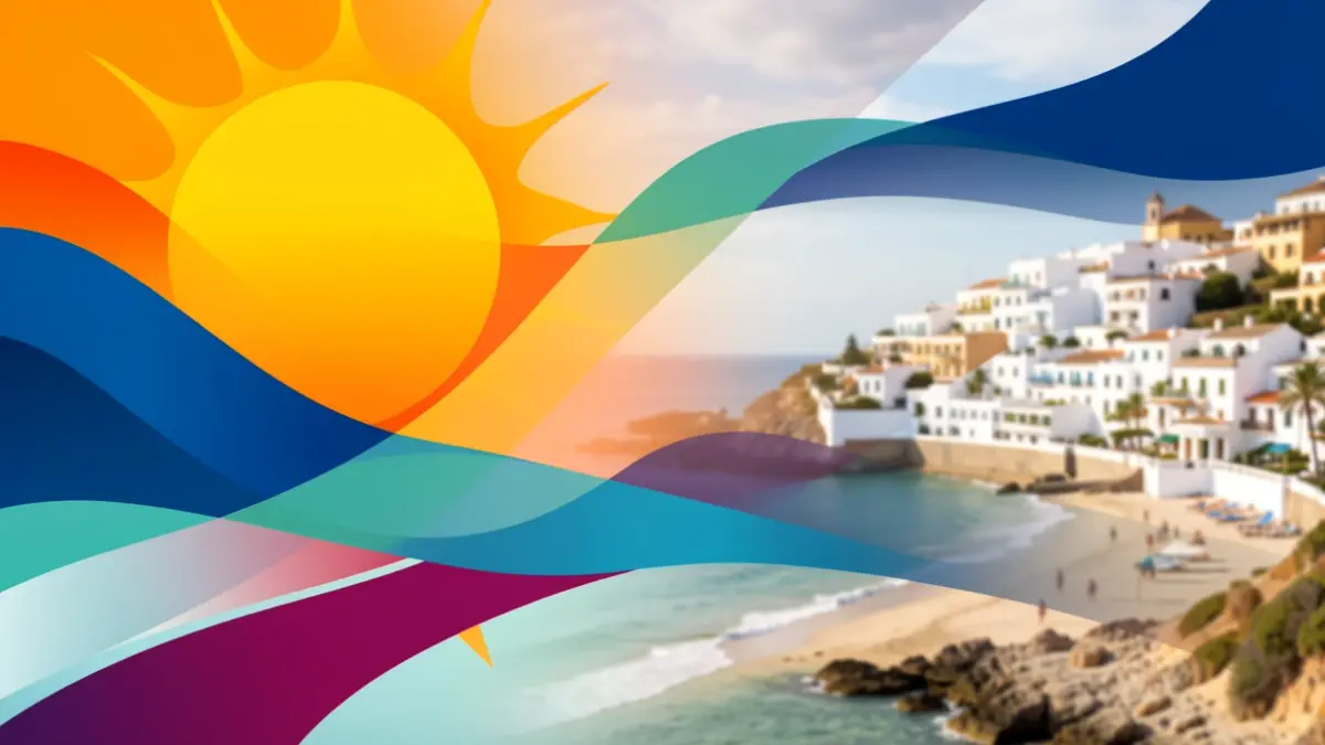 Imagen abstracta que representa la diversidad e innovación turística de la Costa del Sol con colores vibrantes y formas fluidas.