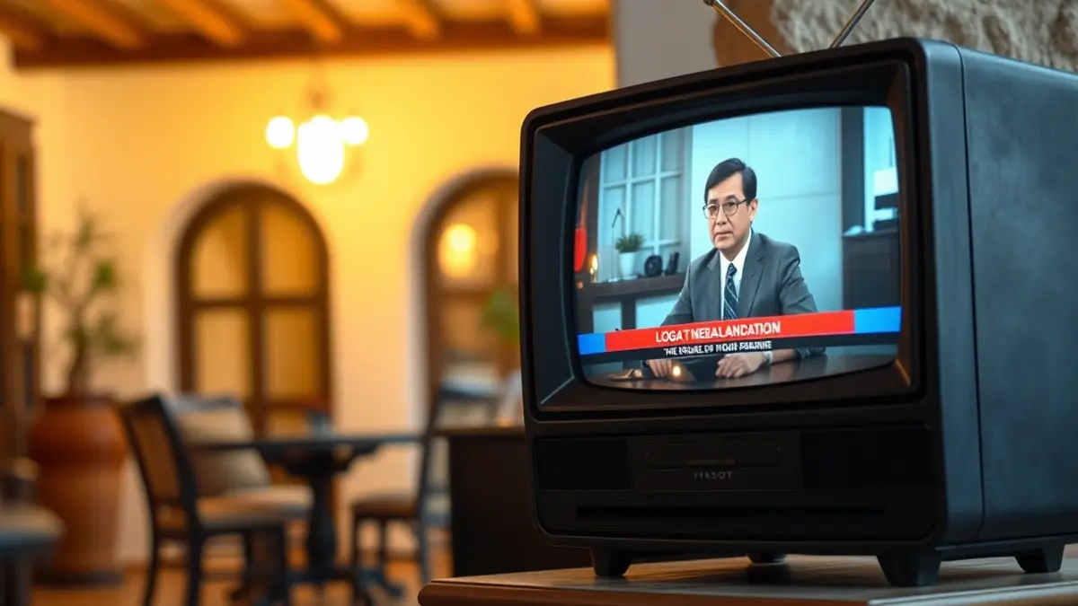 Image of a vintage television set showing a news broadcast, with an Andalusian patio in the background.