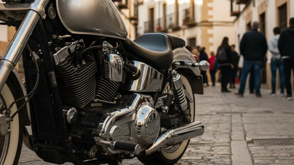 Image of a motorcycle engine with chrome details on a street in Úbeda.