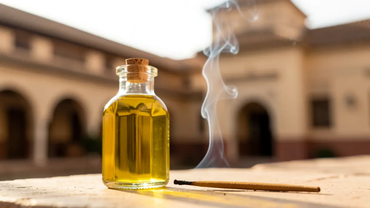 Botella de aceite de oliva virgen extra junto a un incienso encendido, con arquitectura andaluza de fondo.