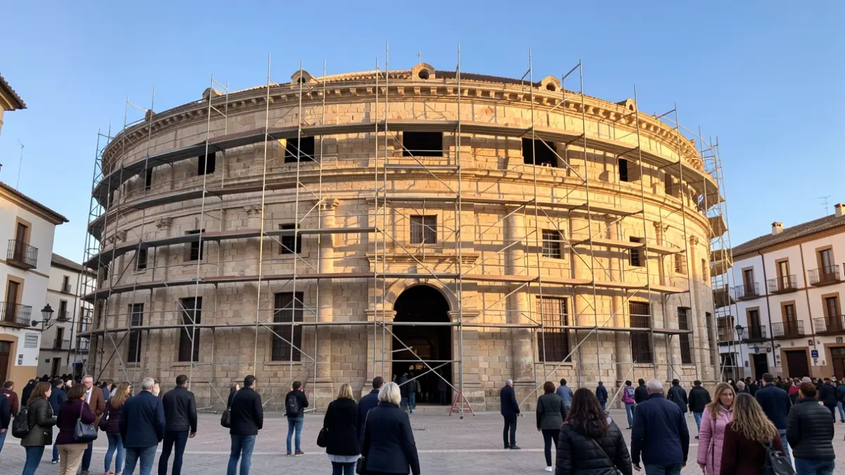 Facade of the bullring in Úbeda undergoing renovation.