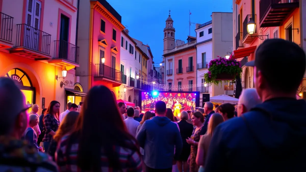 Image of a historic square in Úbeda during a contemporary circus festival.