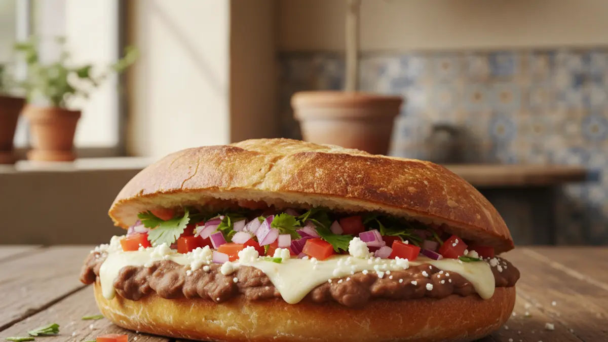 Generic image of a filled mollete bread, ready to be tasted.