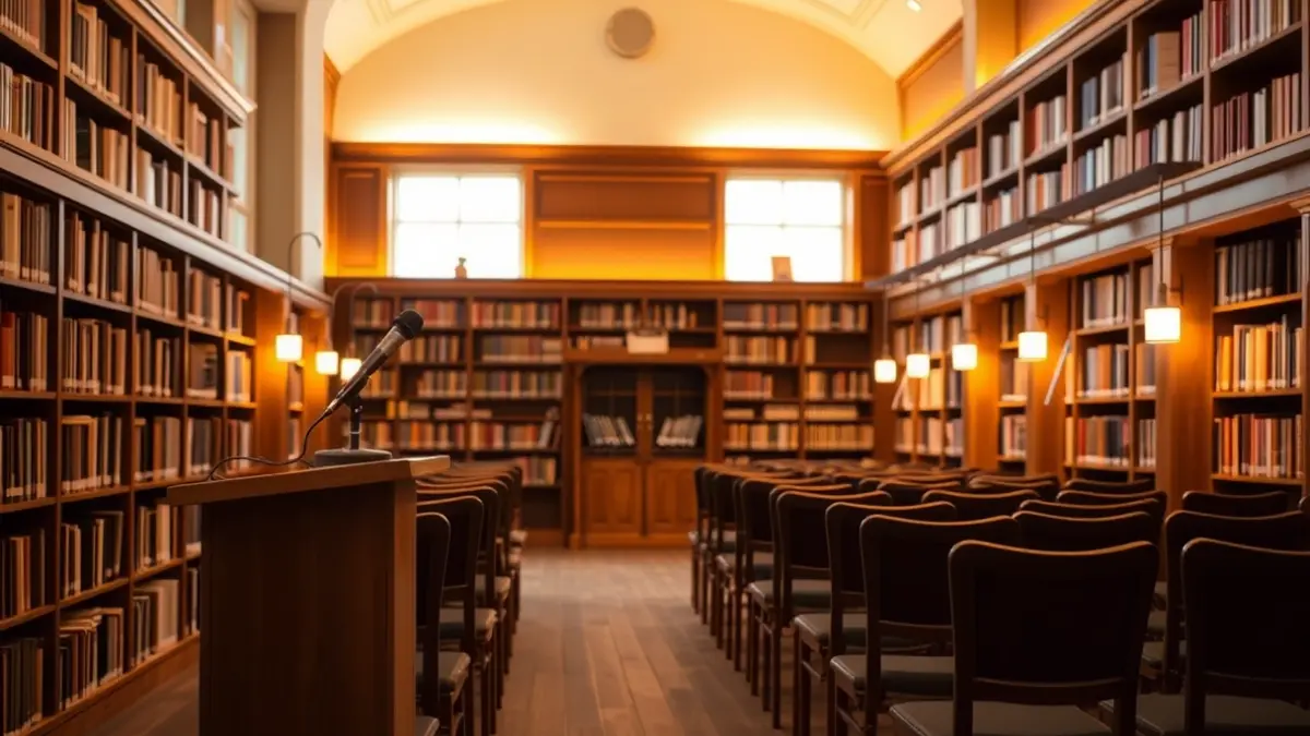 Generic image of a library or exhibition hall interior with warm lighting.