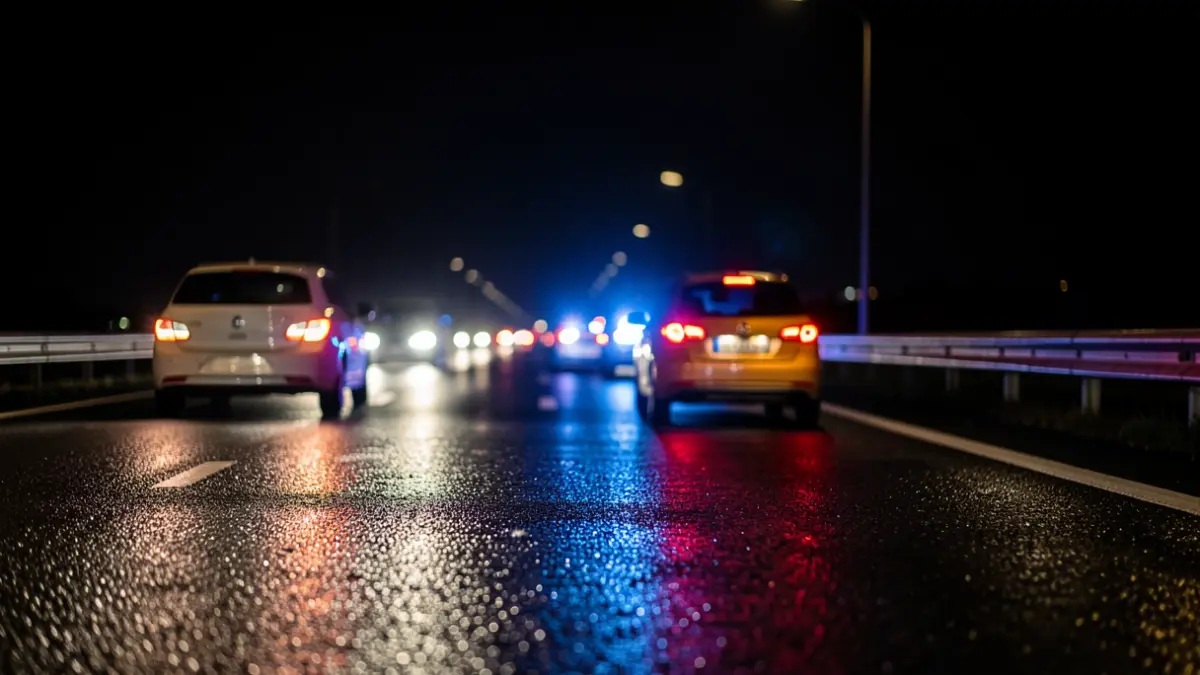 Generic image of emergency lights on a highway at night.