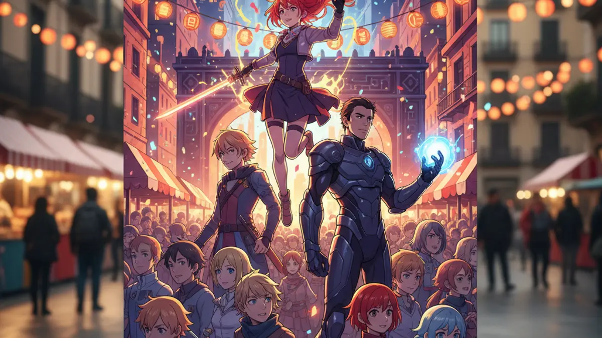 Imagen de un cartel de festival de manga con personajes estilizados y colores vivos.