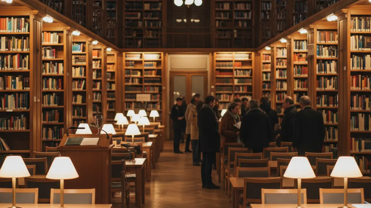 Imagen genérica de un micrófono en un atril en una sala de lectura o biblioteca, con estanterías de libros al fondo.