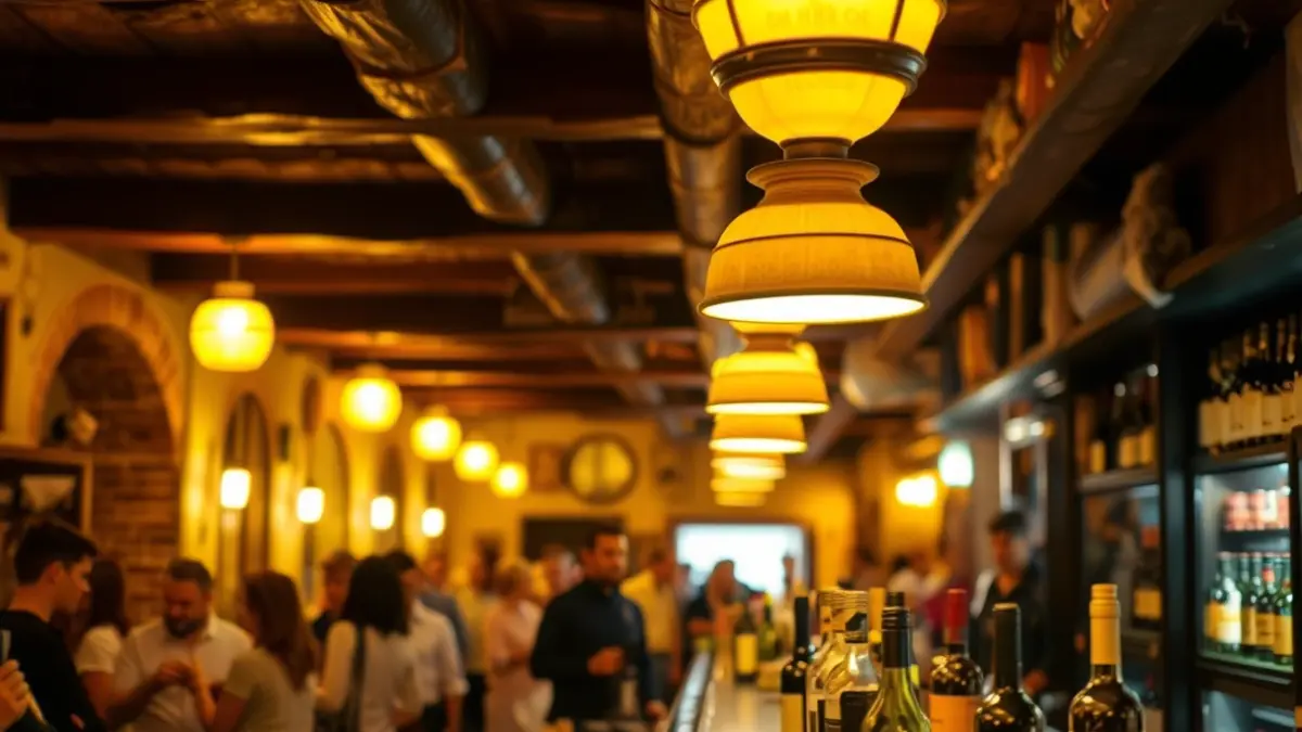 Interior of a traditional Andalusian tavern with a warm and lively atmosphere.