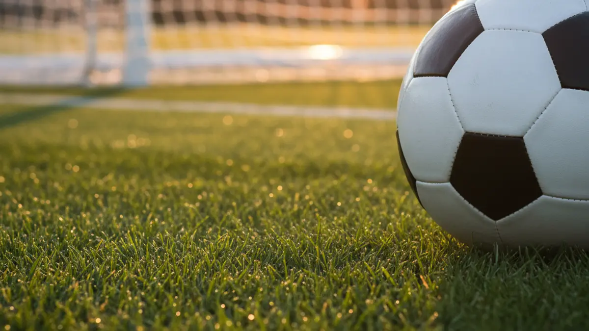 Imagen genérica de un balón de fútbol sobre el césped de un campo, con la portería desenfocada al fondo.