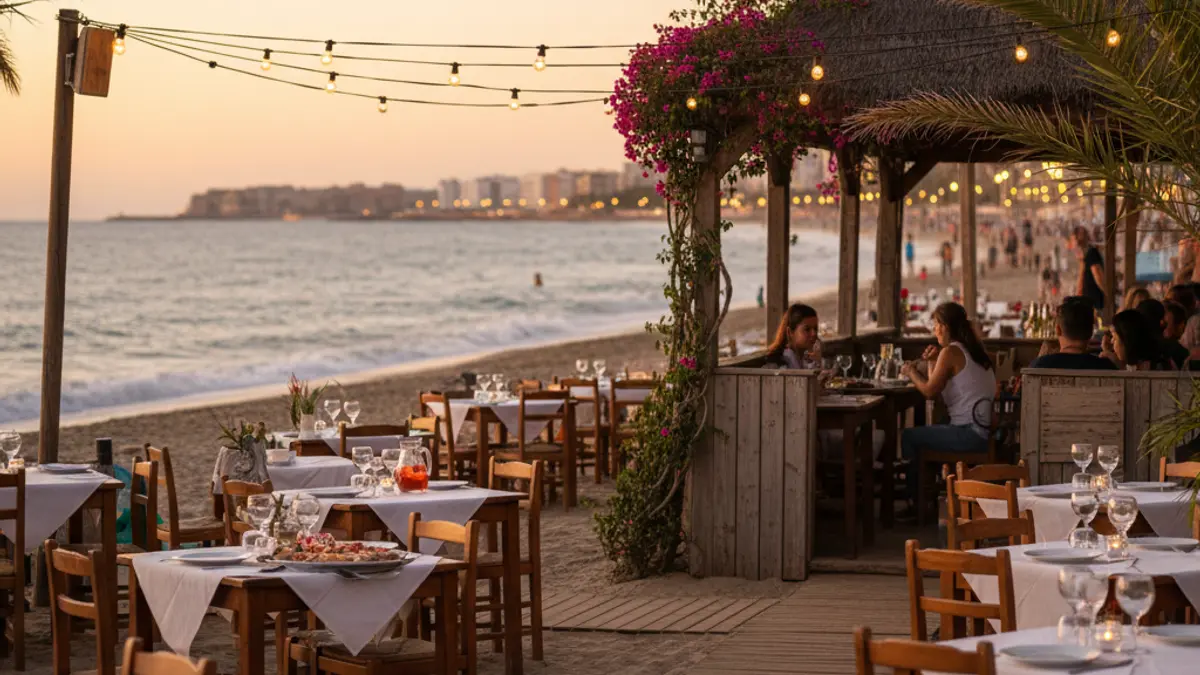 Image of a traditional beach bar in Pedregalejo, Málaga, with tables near the sea.