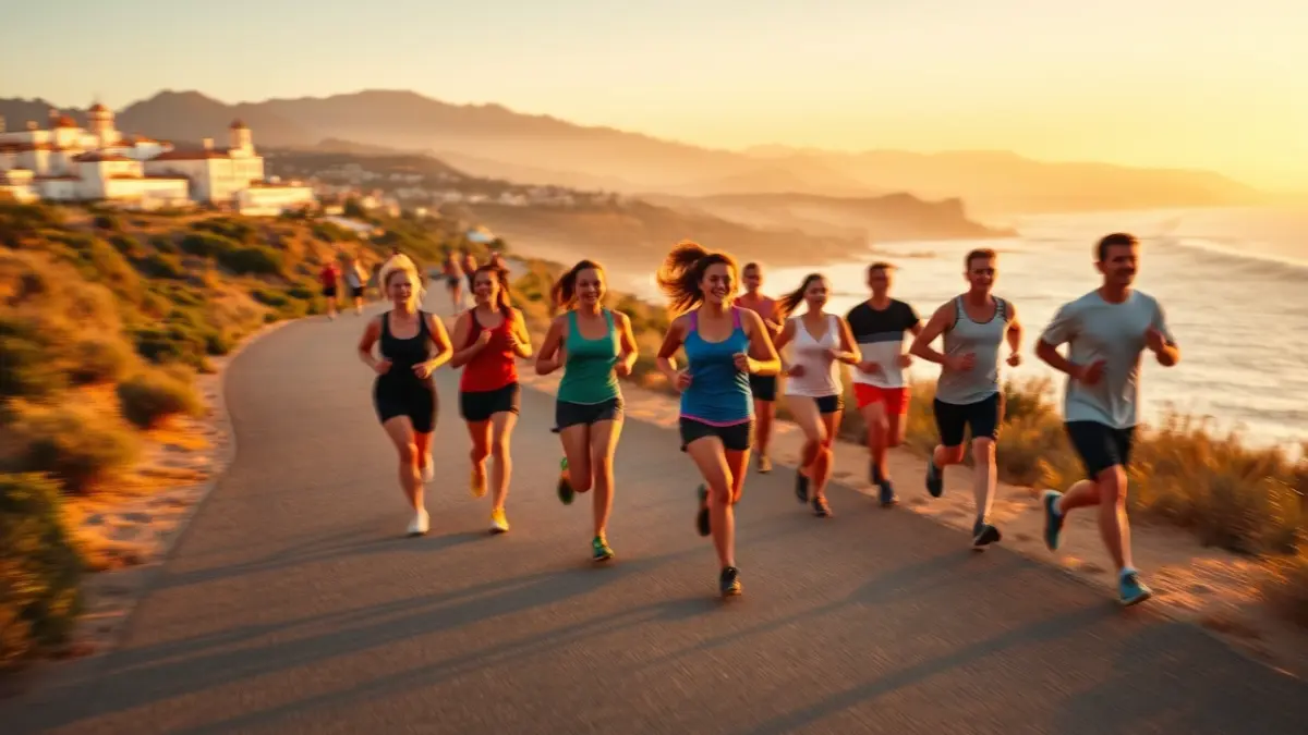 Generic image of a group of people running at sunset in a coastal setting.