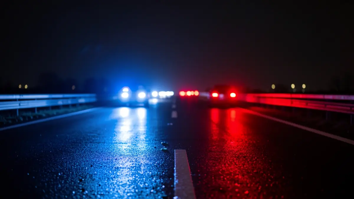 Imagen genérica de luces de emergencia policiales reflejándose en el asfalto mojado por la noche.