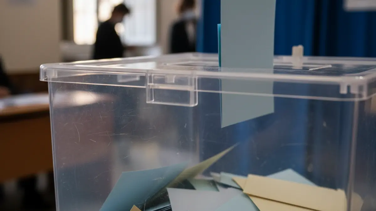 Generic image of a ballot box in a polling station, with a blurred background.
