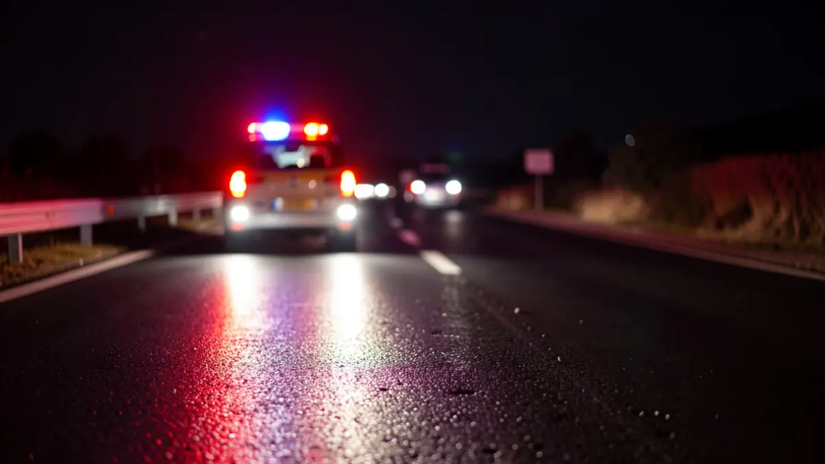 Generic image of emergency lights reflecting on wet asphalt at night on a road.