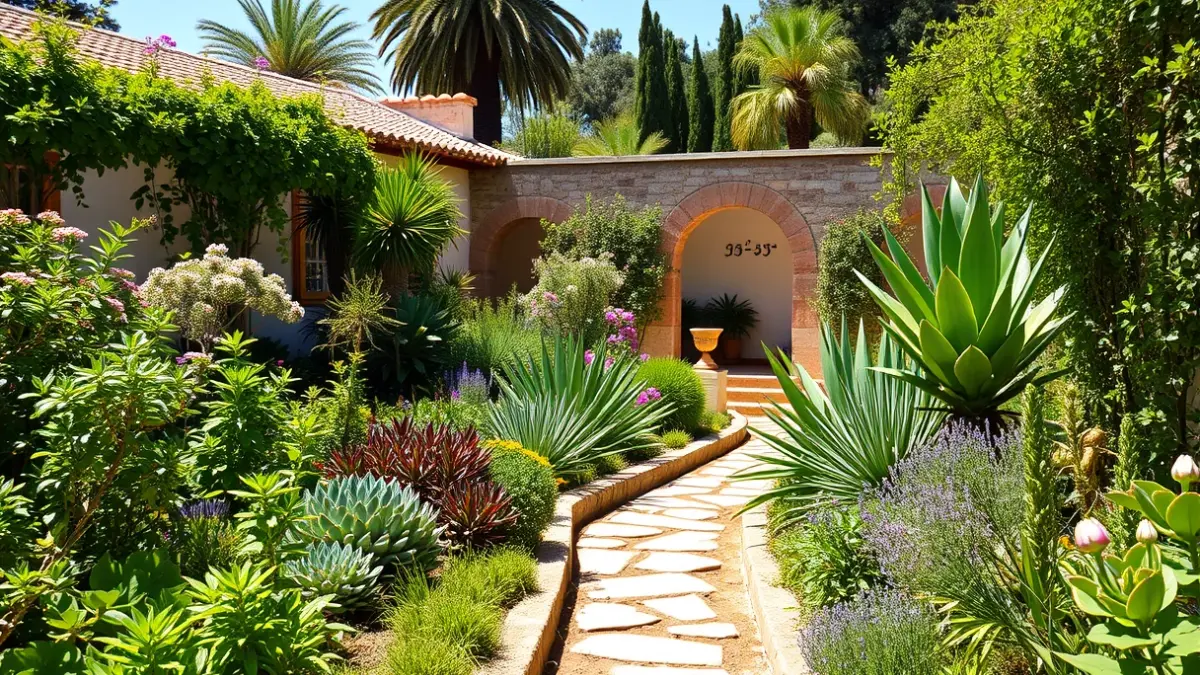 Jardín-Huerto Villa María en Canjáyar, con vegetación exuberante y elementos arquitectónicos andalusíes.