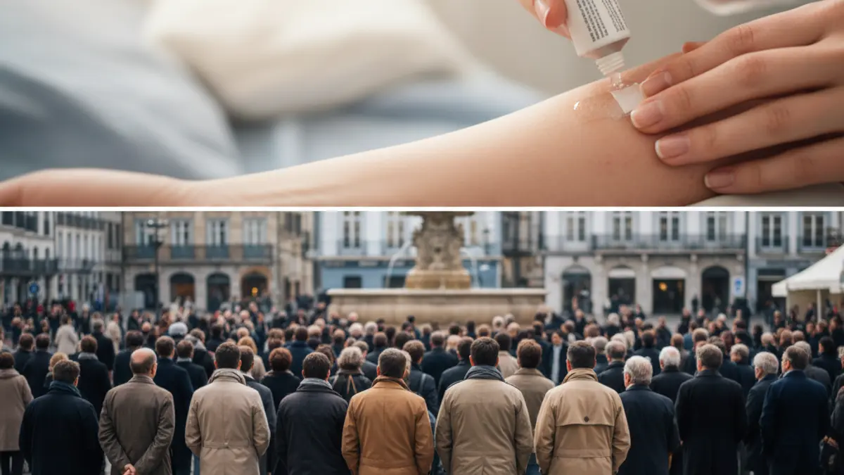 Generic image of hands applying medical treatment to skin.