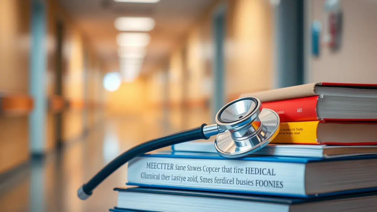 Generic image of a stethoscope on medical textbooks, with a hospital corridor in the background.