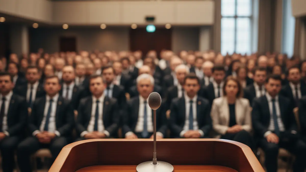 Generic image of a microphone on a podium during a political event.