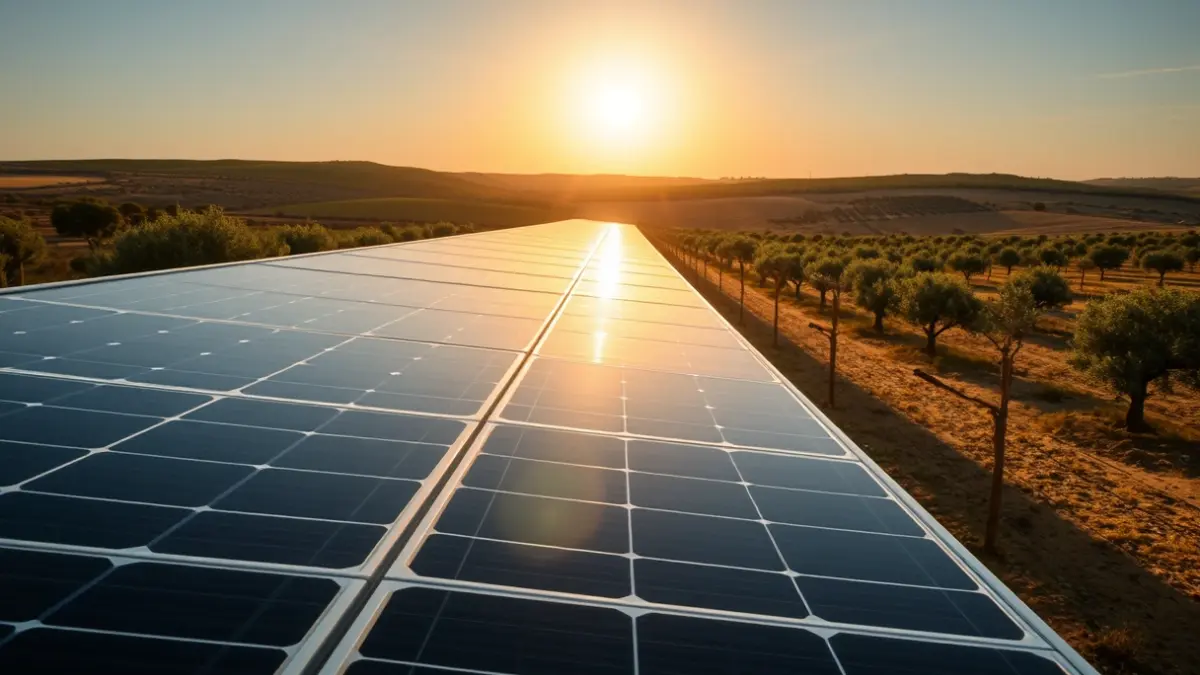 Paneles solares en un paisaje rural andaluz, con campos de olivos al fondo.
