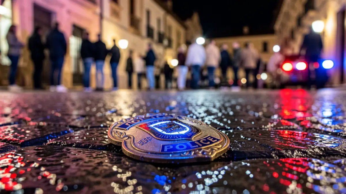 Imagen genérica de una placa de policía con luces de emergencia reflejadas en el asfalto mojado.