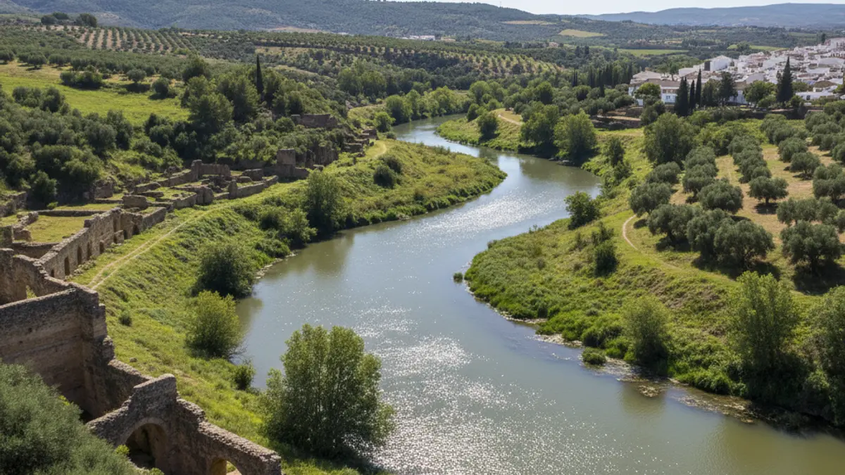 Image of a winding river in an Andalusian landscape, with possible historical ruins on its banks.