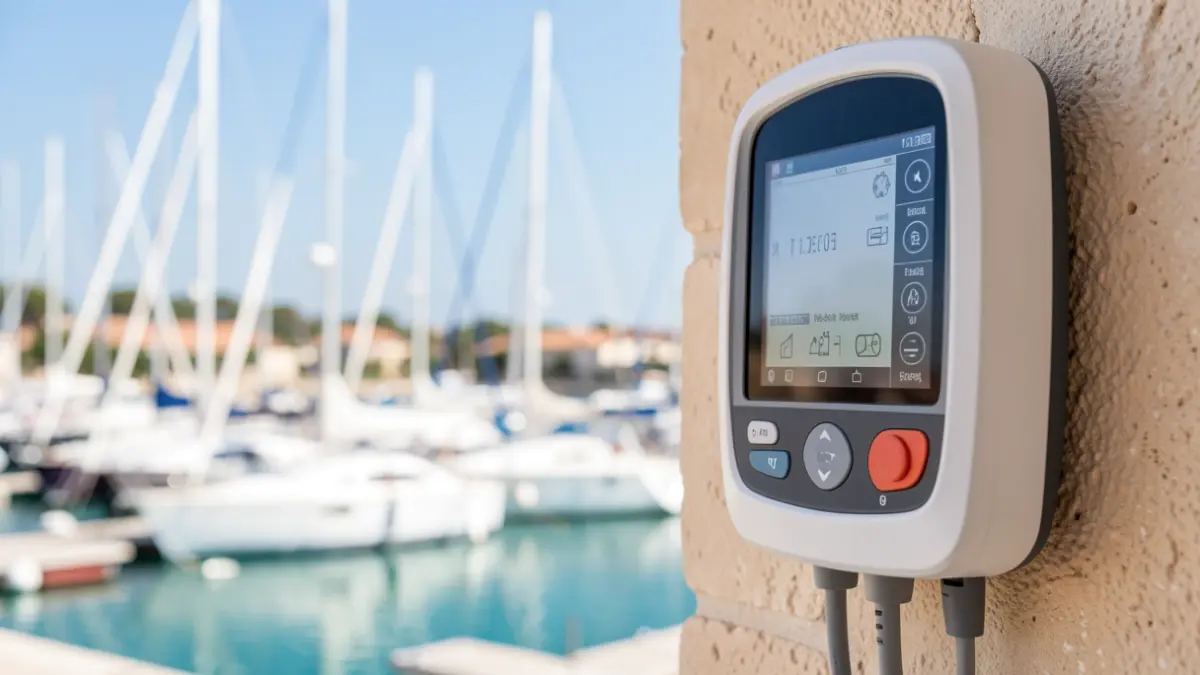Generic image of a defibrillator in a marina setting.