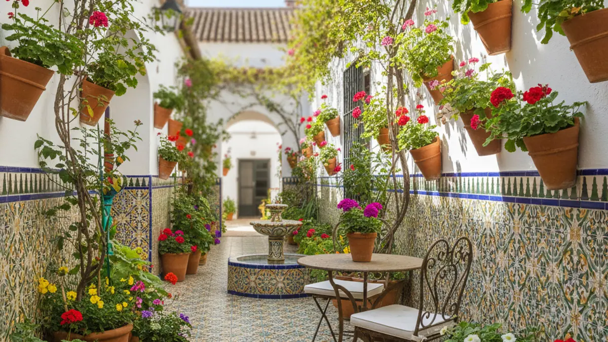 Image of a Cordoban patio with flowers and plants.