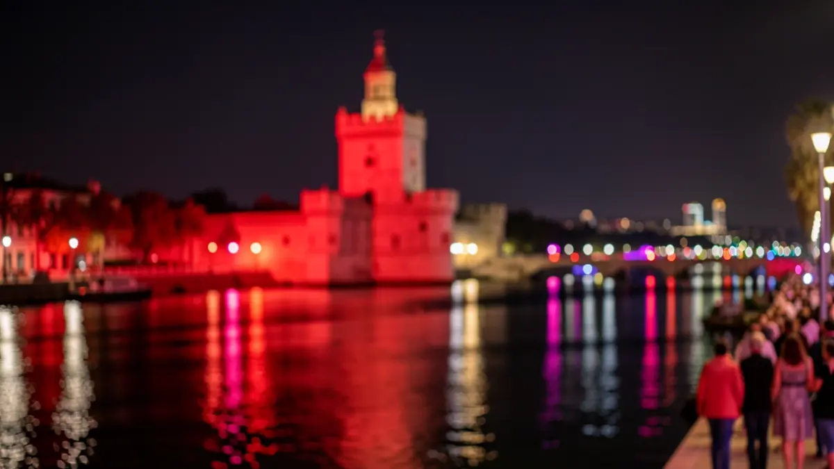 Imagen genérica de la Torre del Oro de Sevilla teñida de rojo por la noche, con el río Guadalquivir.