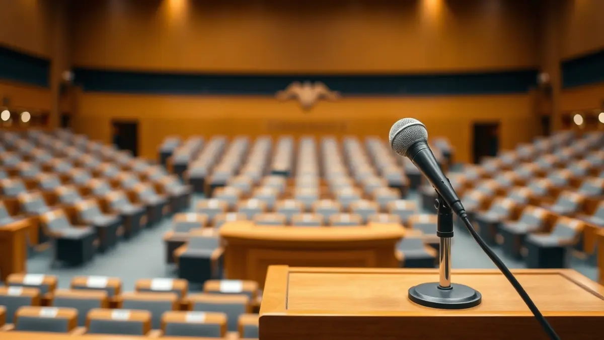 Imagen genérica de un micrófono en un podio en un salón de actos vacío, simbolizando el discurso político.