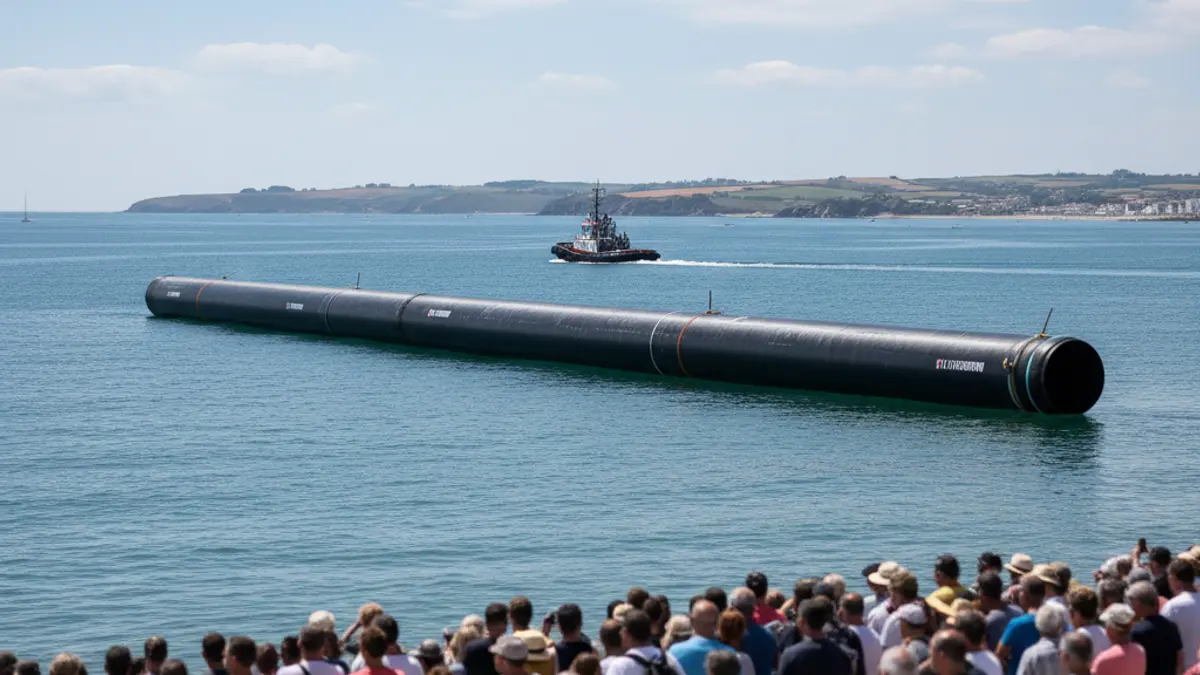 Imagen de una tubería de polietileno de alta densidad flotando en el mar cerca de la costa.
