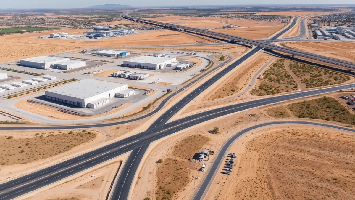 Aerial image of an industrial park with a new road under construction.