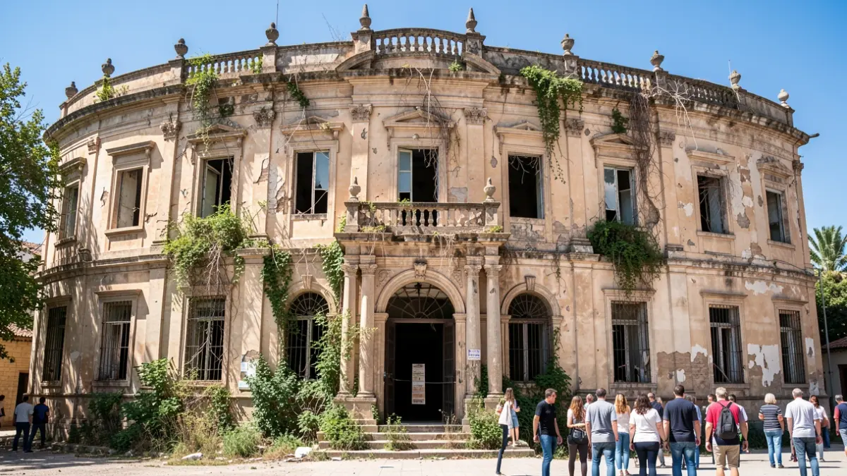 Facade of the old Military Hospital in Córdoba with vegetation and historical architecture.