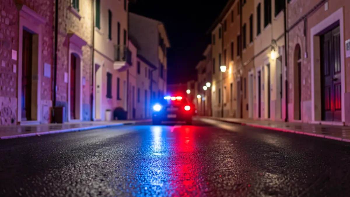 Generic image of police emergency lights reflecting on wet asphalt at night.