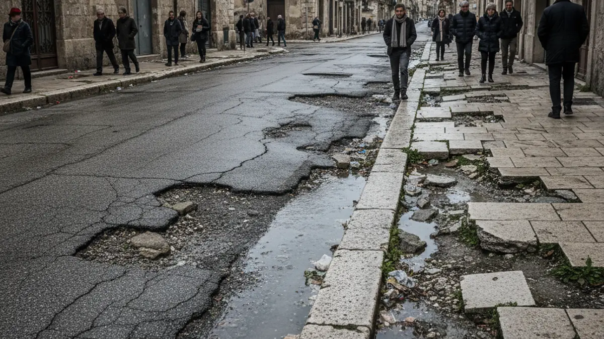 Imagen de una carretera deteriorada con grietas y baches, aceras en mal estado y cunetas obstruidas.