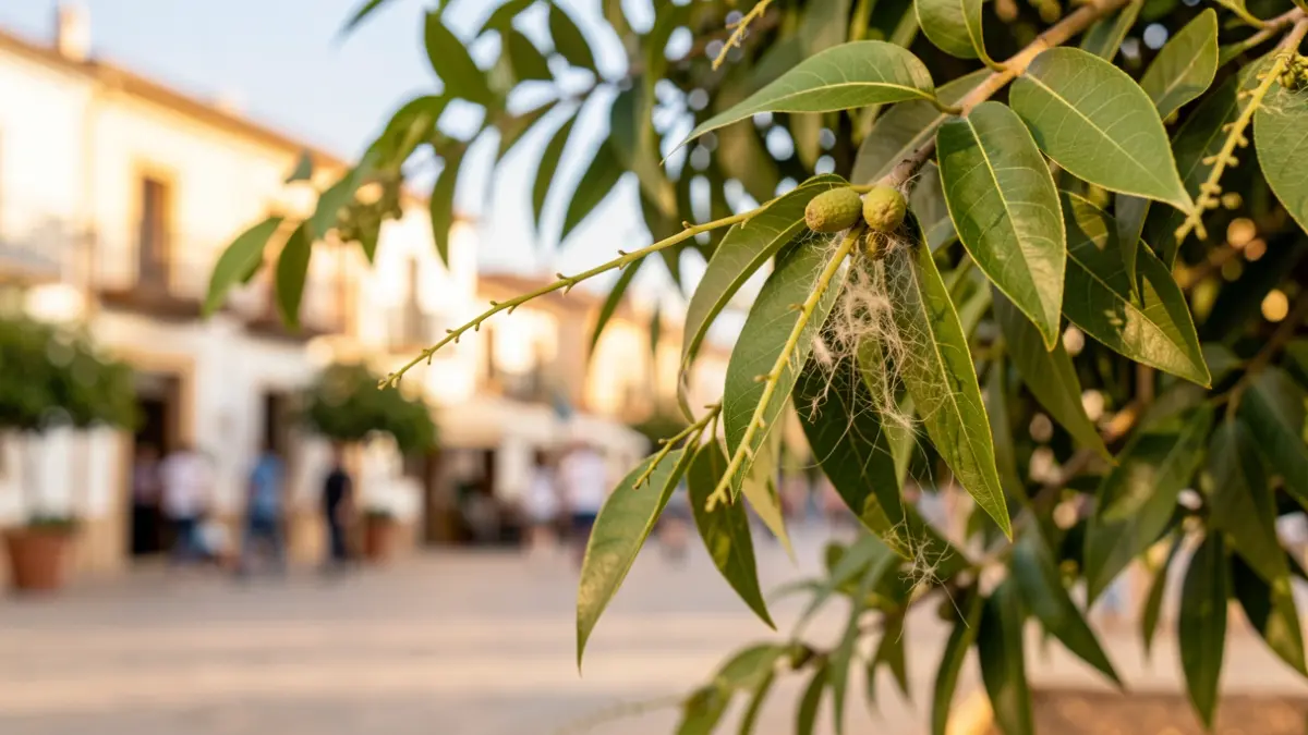 Close-up of the seed pods and fibers of a 'pica-pica' tree in a Malaga square.