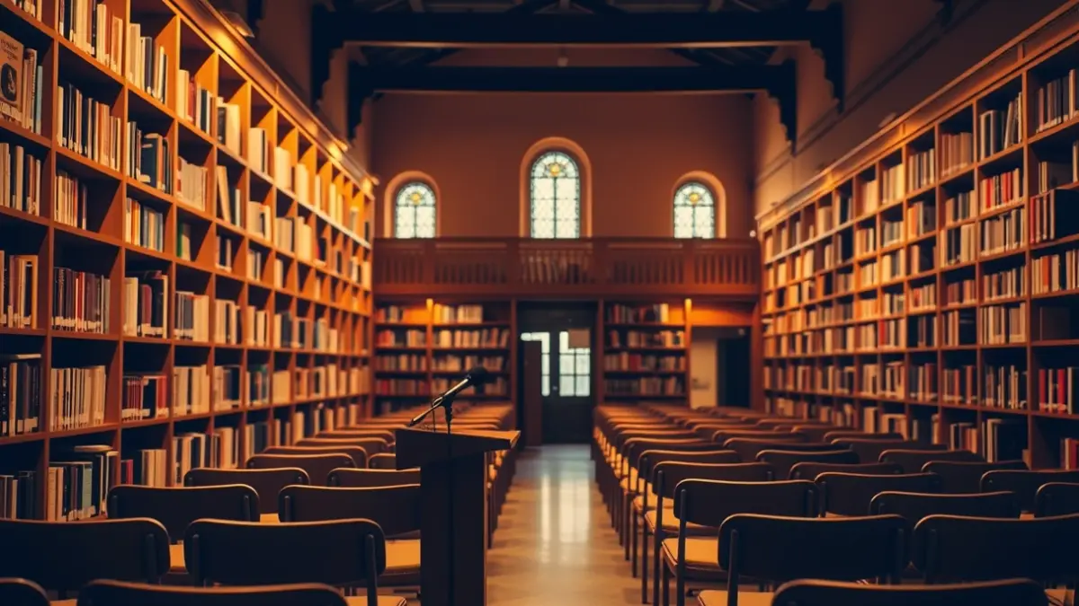 Generic image of a library interior with wooden bookshelves and a podium with a microphone, in a warm atmosphere.