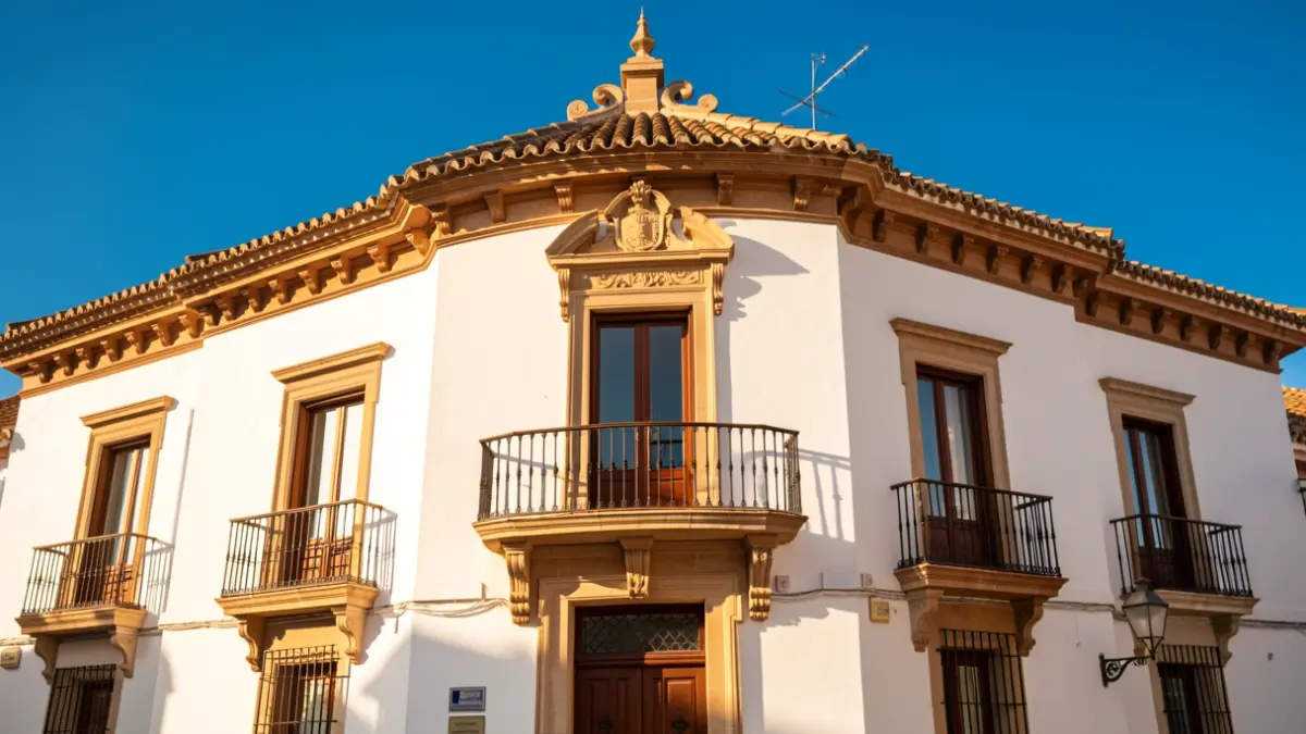 Facade of the Vélez-Málaga town hall with a balcony under a blue sky.