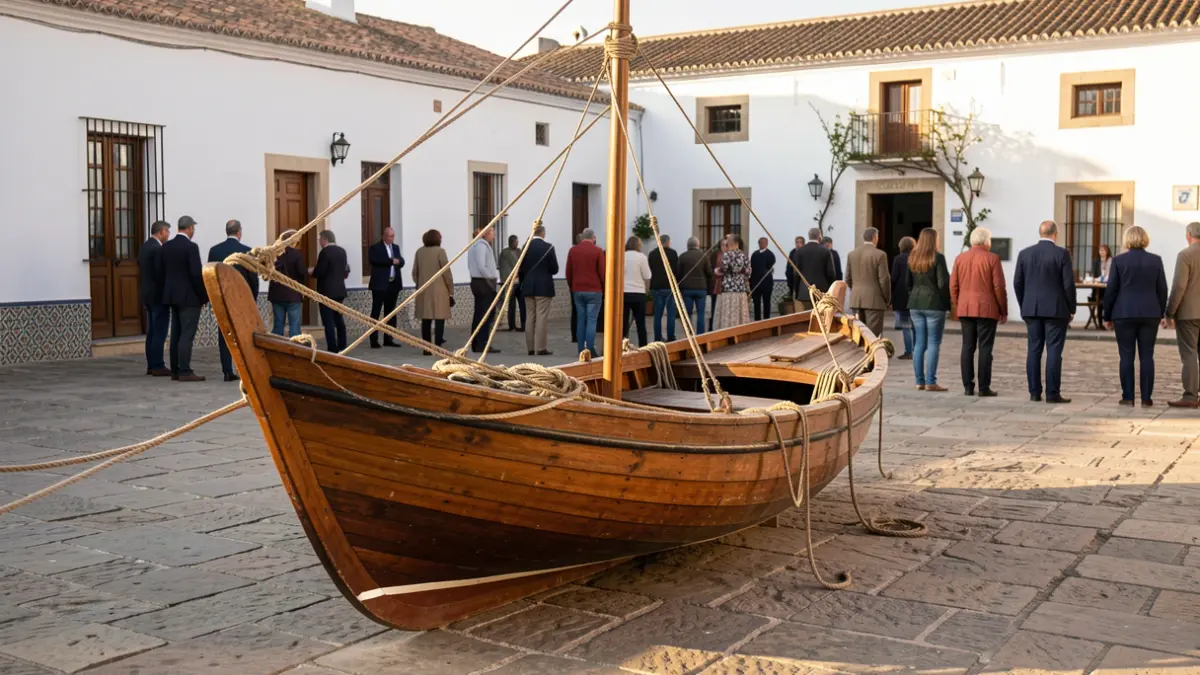Replica of a traditional Malaga sardine boat in a historical setting.