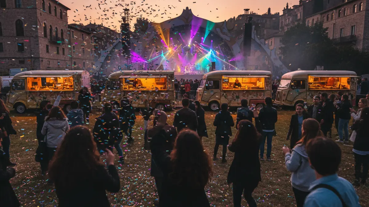 Imagen de un festival de música al aire libre con luces de colores y gente bailando.