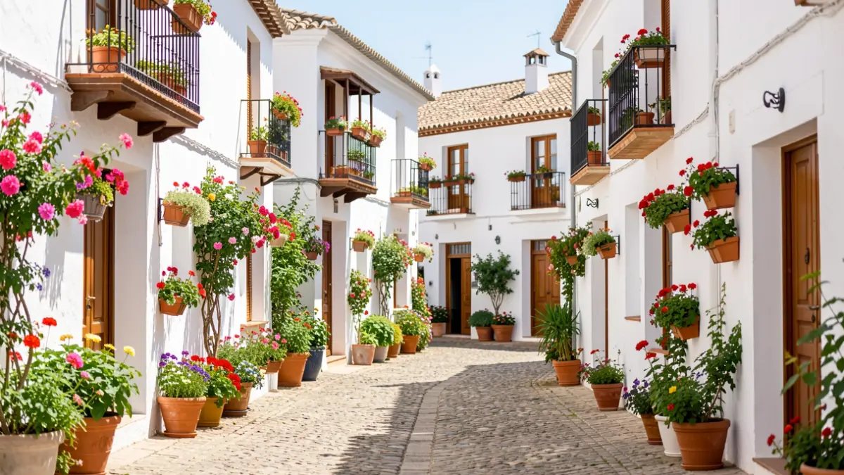 Imagen genérica de una plaza de pueblo andaluz con edificios encalados y macetas de flores.