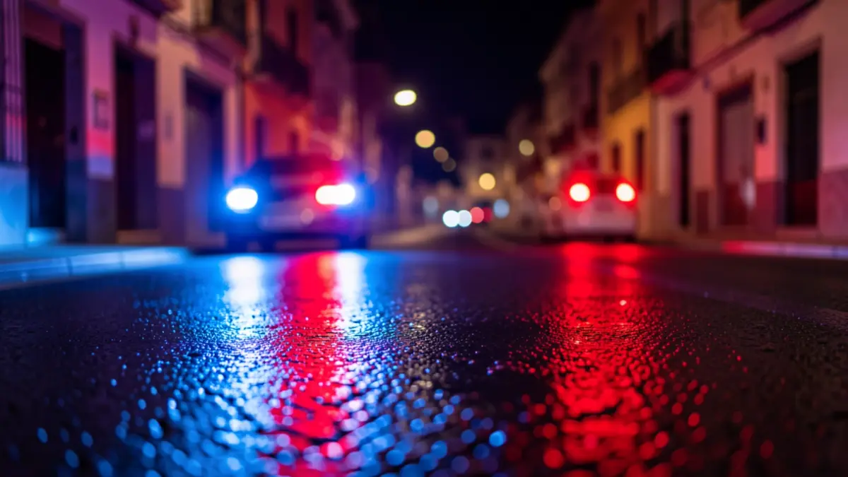 Imagen genérica de luces de emergencia policiales reflejándose en el asfalto mojado por la noche.