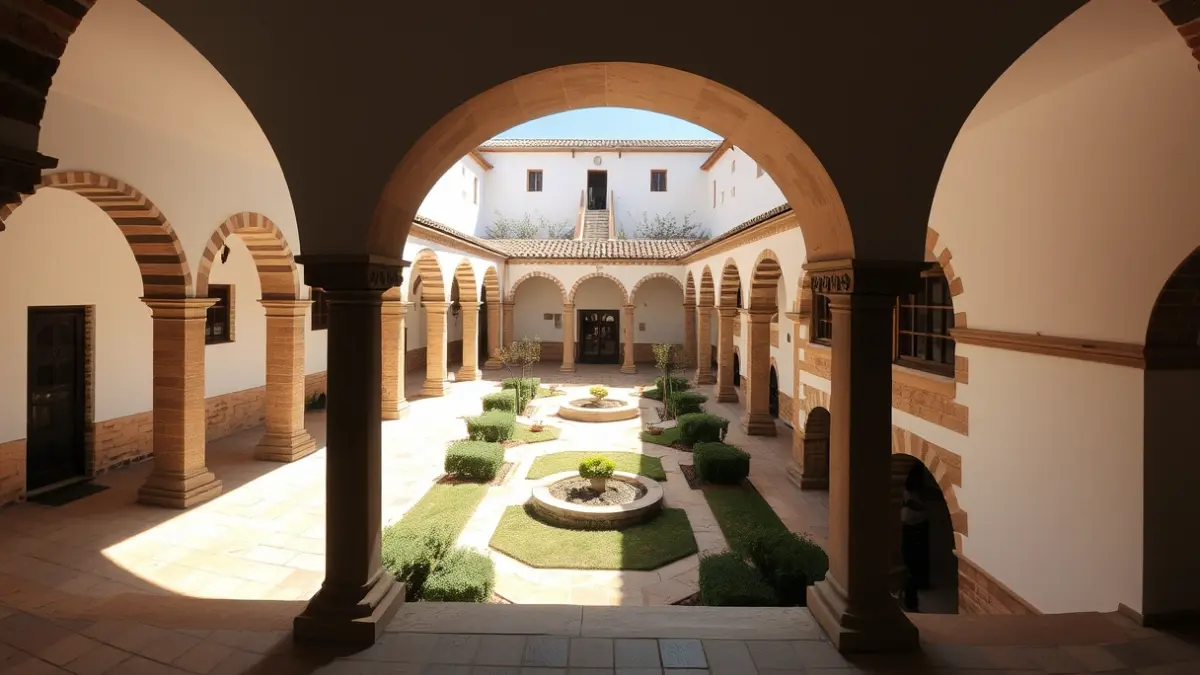 Image of an ancient convent cloister in Andalusia, with arches and a central garden.